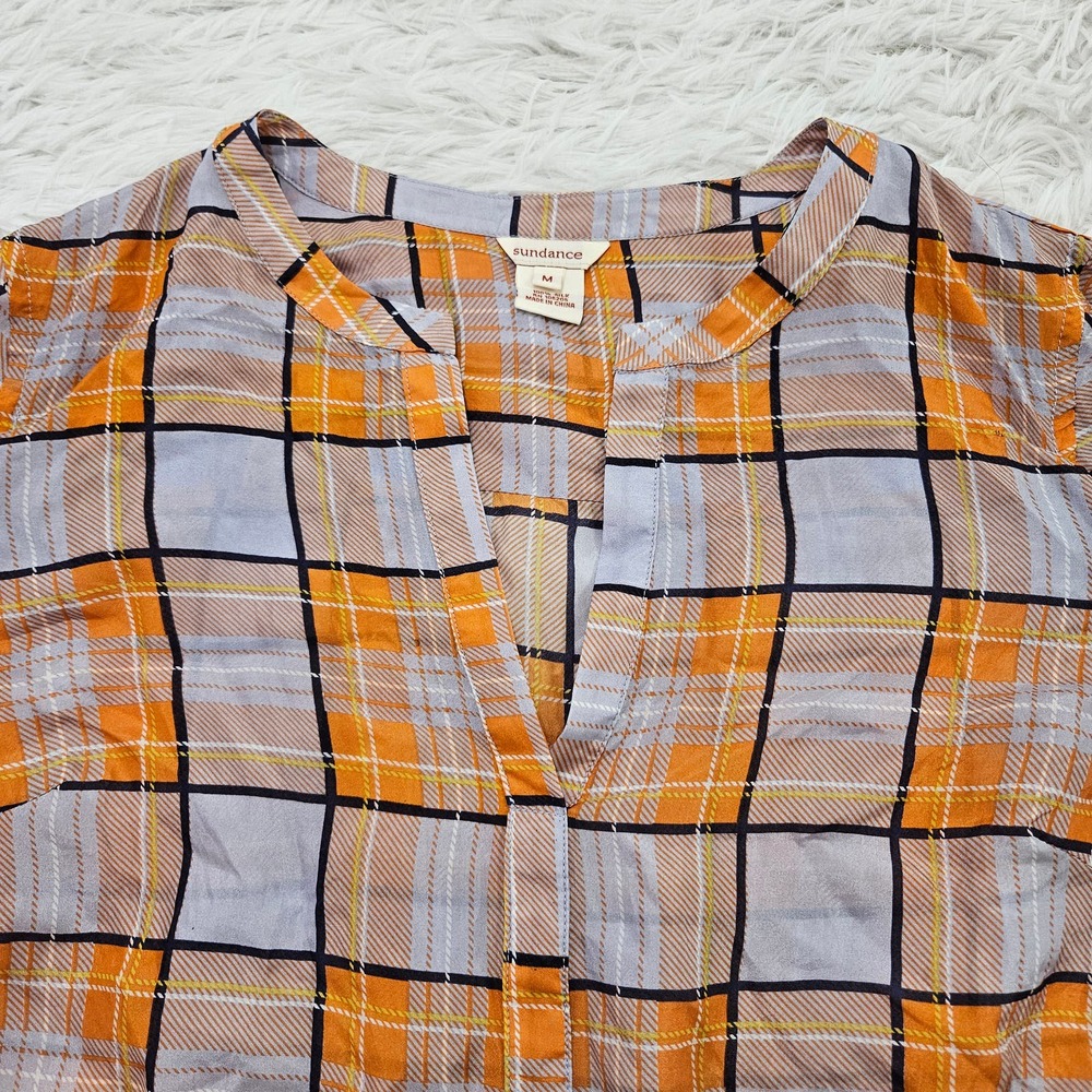 Sundance Women's Orange Plaid Long Sleeve 100% Silk Semi Sheer Blouse Sz M - Picture 2 of 9